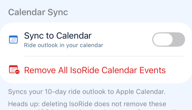 IsoRide Settings — Sync to Calendar toggle