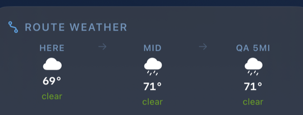 Route Weather card showing HERE / MID / shelter conditions